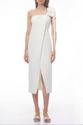 Estelle White Off Shoulder Satin Midi Dress with Bow Avalabel