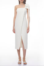 Estelle White Off Shoulder Satin Midi Dress with Bow Avalabel