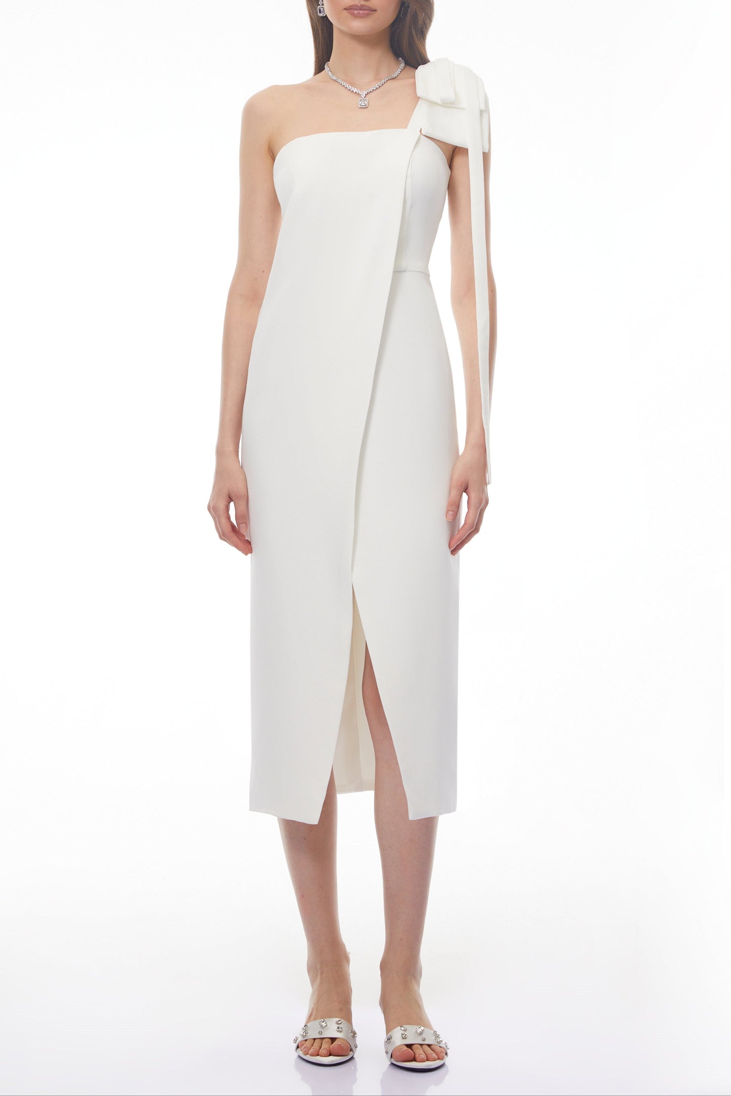 Estelle White Off Shoulder Satin Midi Dress with Bow