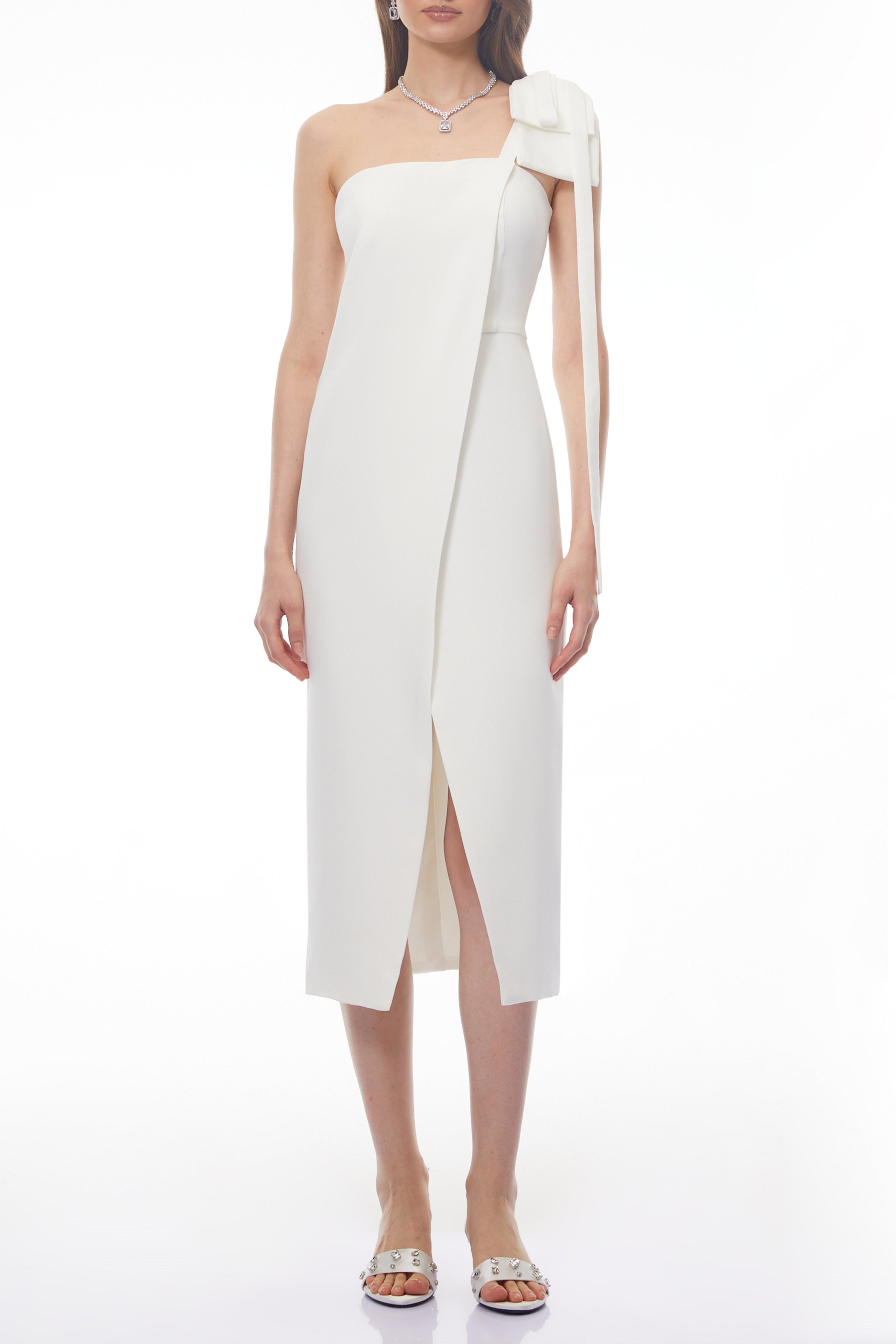 Estelle White Off Shoulder Satin Midi Dress with Bow Avalabel