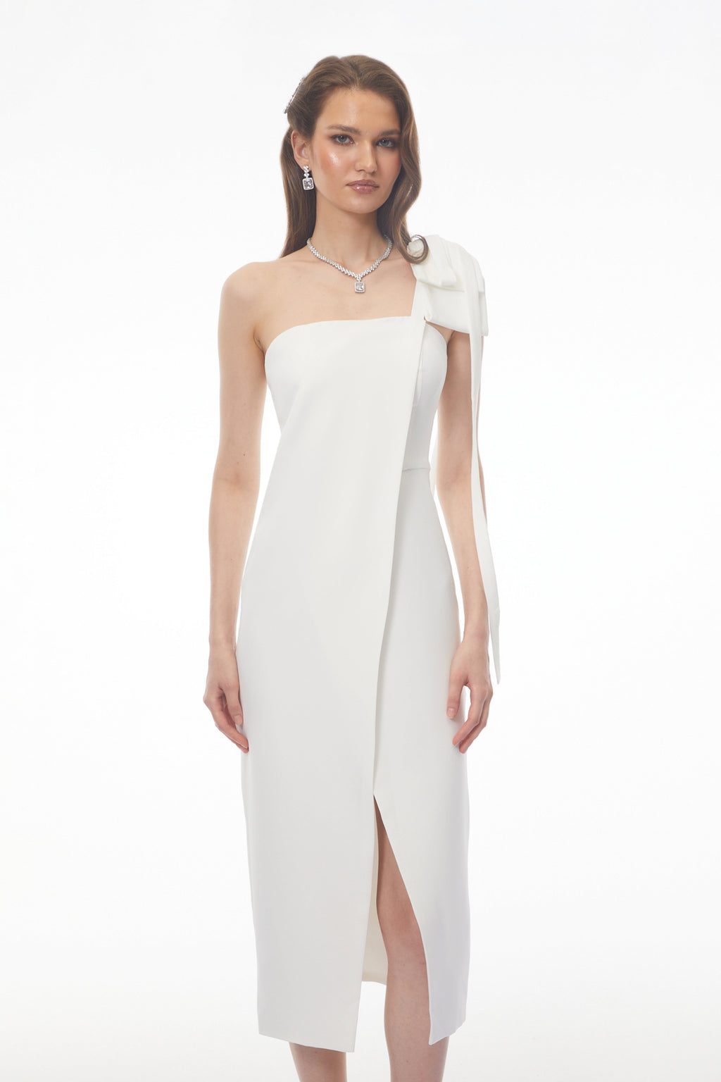 Estelle White Off Shoulder Satin Midi Dress with Bow Avalabel