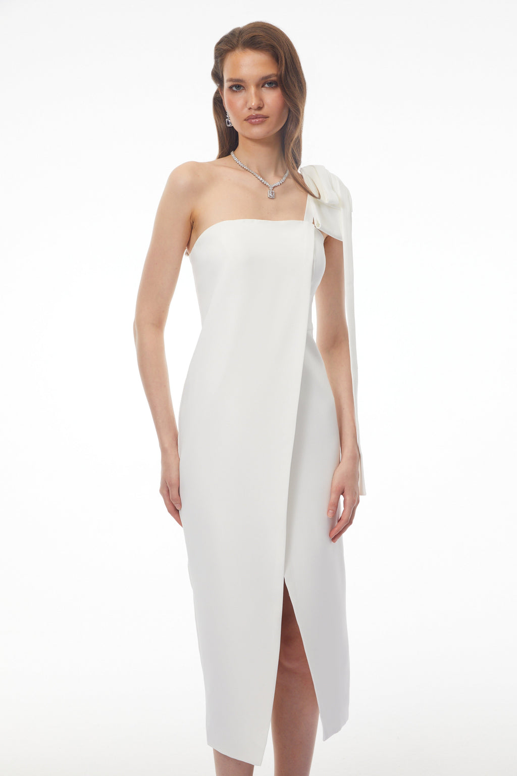 Estelle White Off Shoulder Satin Midi Dress with Bow Avalabel