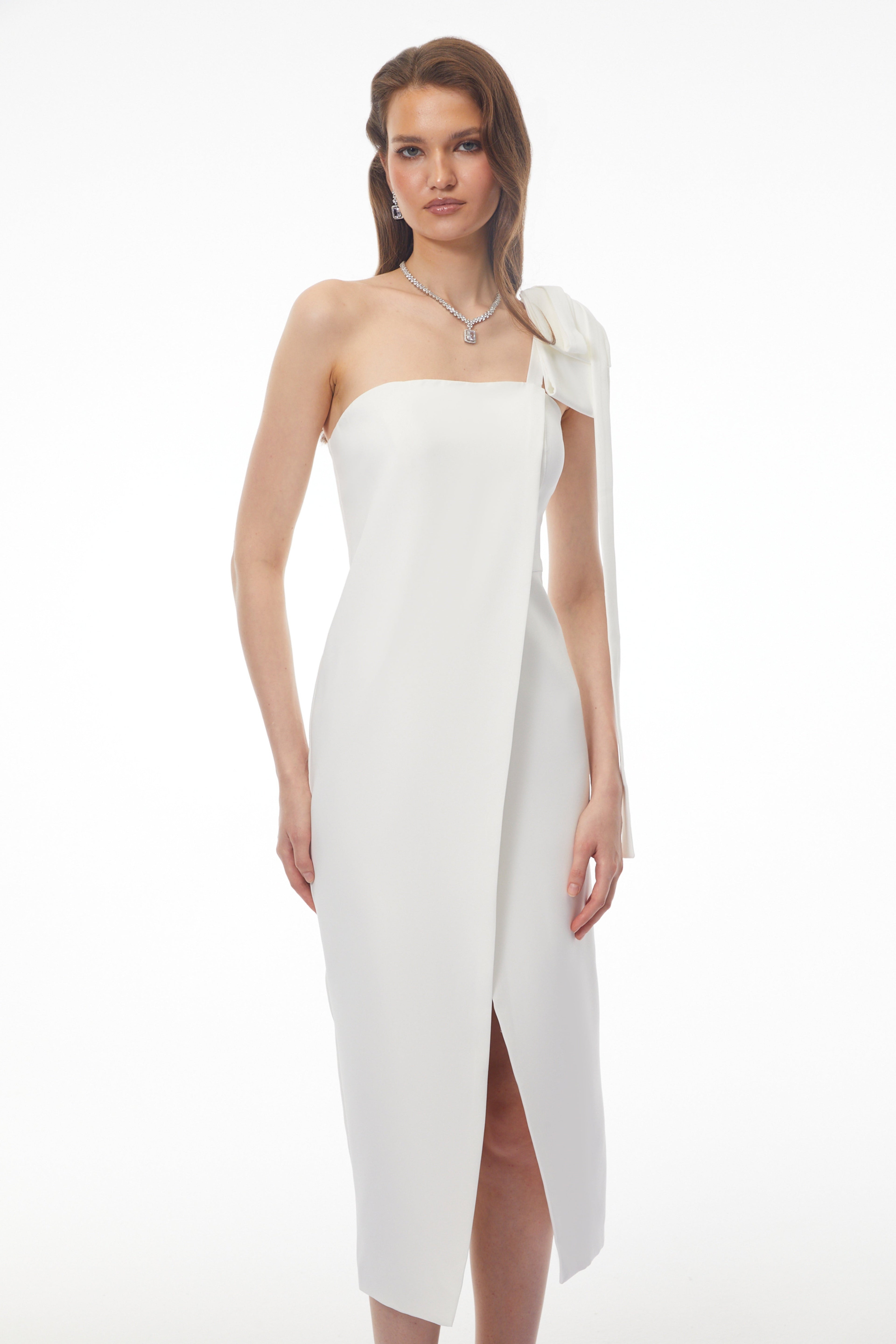Estelle White Off Shoulder Satin Midi Dress with Bow Avalabel
