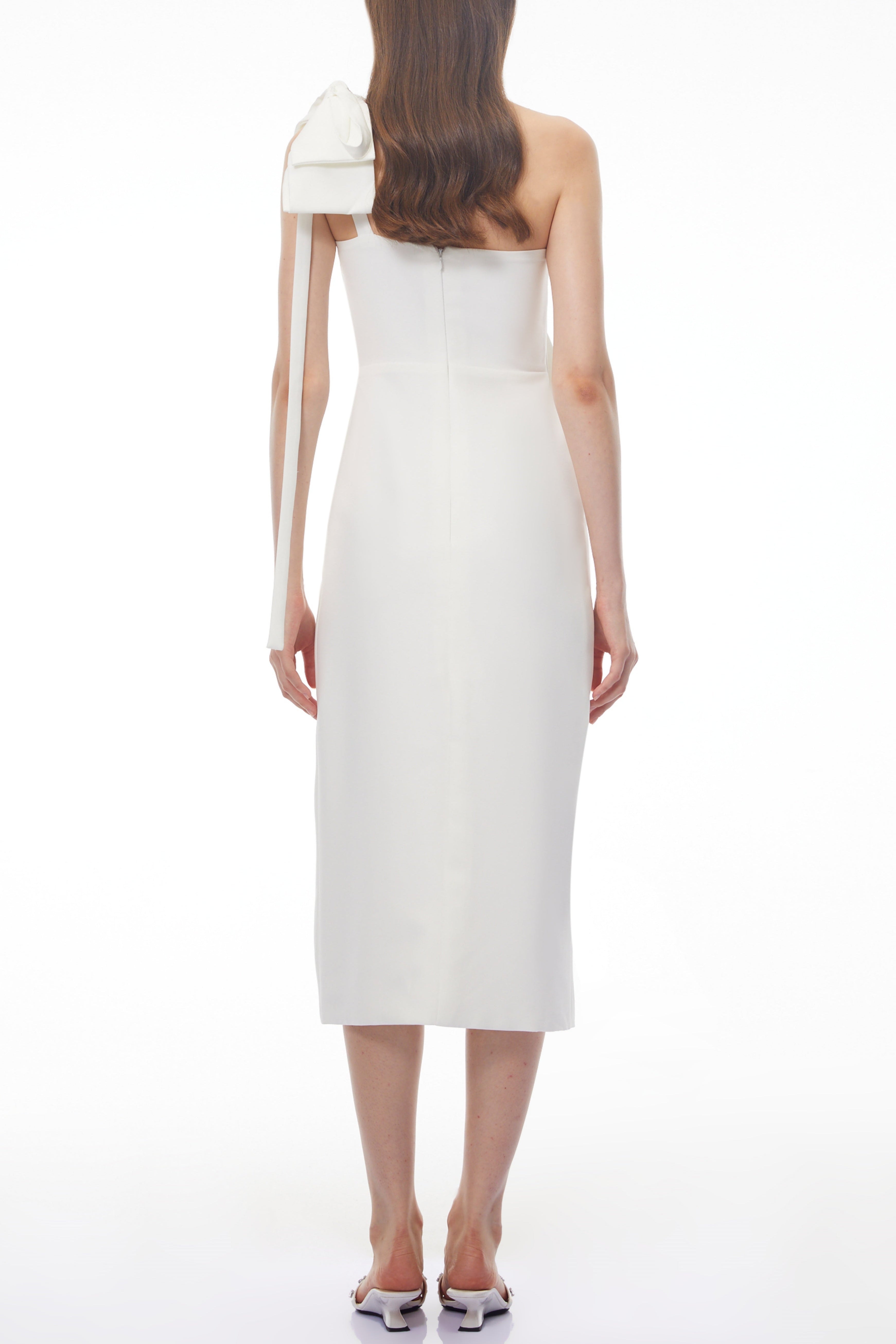 Estelle White Off Shoulder Satin Midi Dress with Bow Avalabel