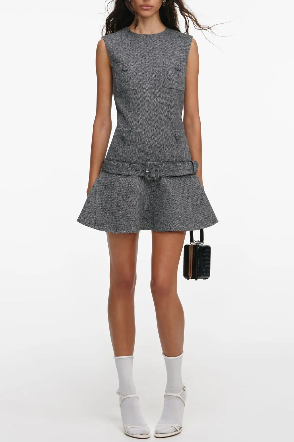 Euryda Herringbone Belted Flared Mini Dress Avalabel