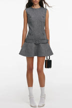 Euryda Herringbone Belted Flared Mini Dress Avalabel