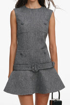 Euryda Herringbone Belted Flared Mini Dress Avalabel