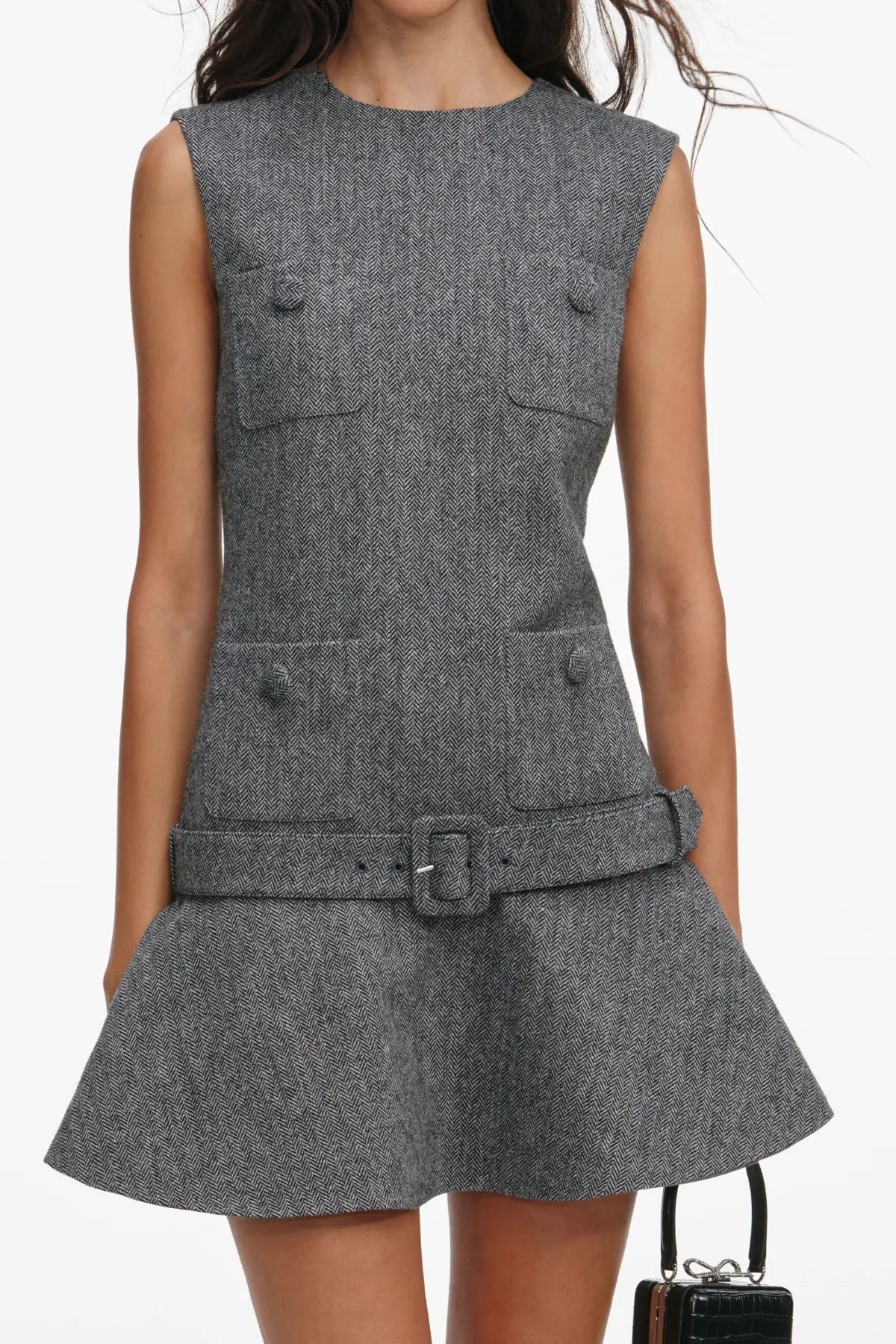 Euryda Herringbone Belted Flared Mini Dress Avalabel