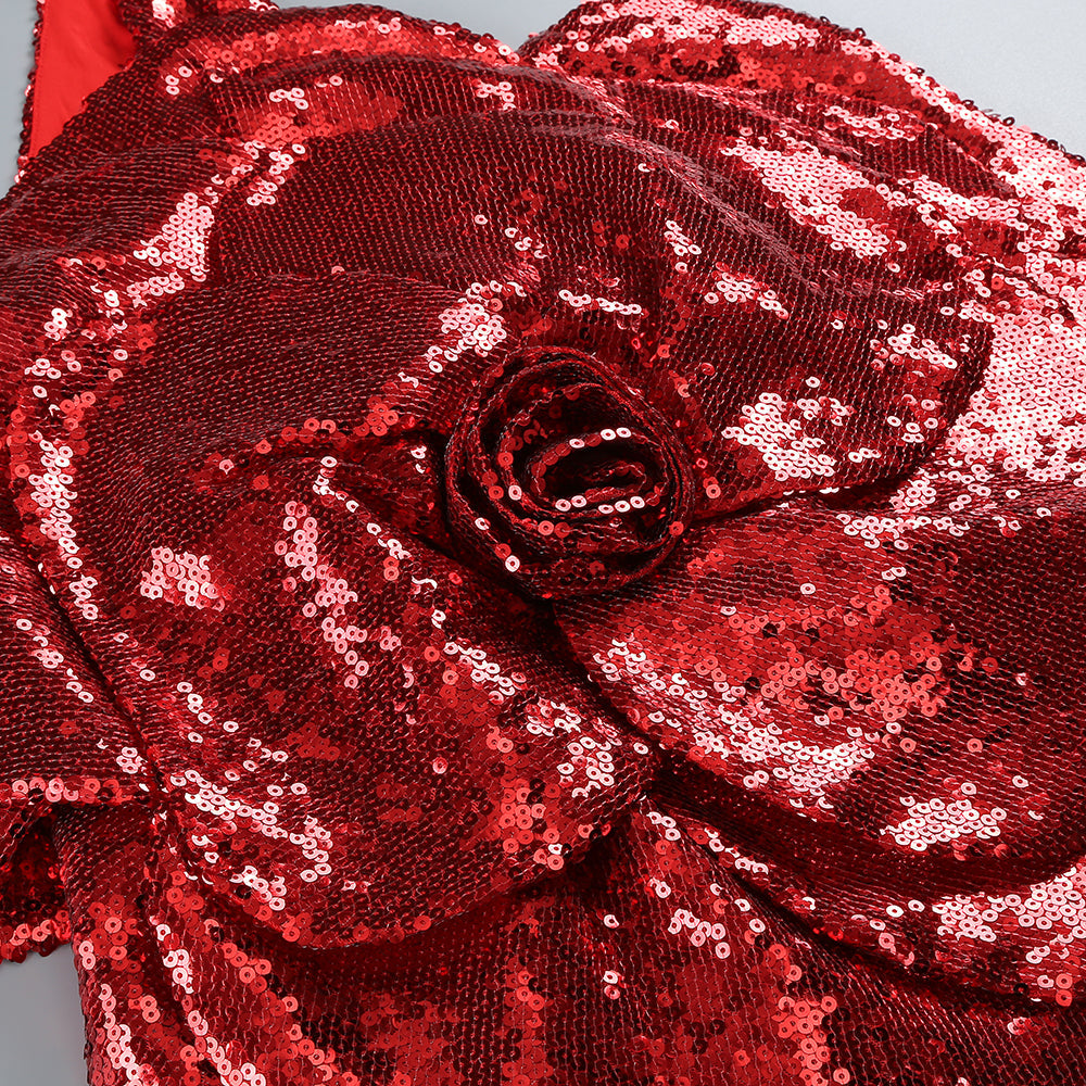 RED FLORAL-EMBELLISHED SEQUINED MINI DRESS Avalabel