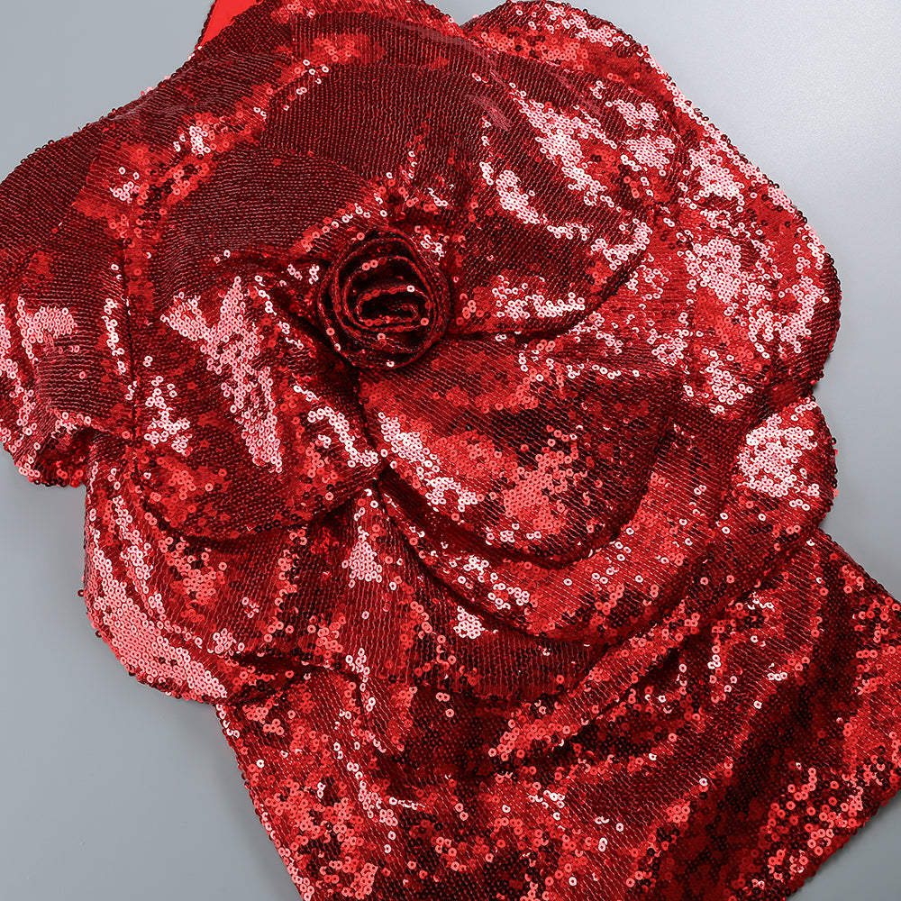 RED FLORAL-EMBELLISHED SEQUINED MINI DRESS Avalabel