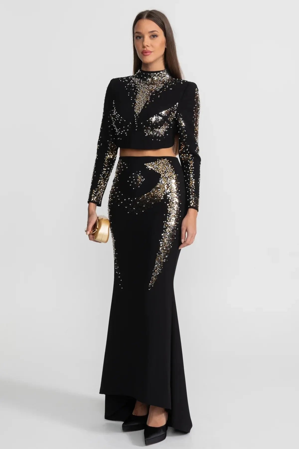 rosalind Embellished Co-Ord Set with Silver and Gold Sequin Detailing - Black Avalabel