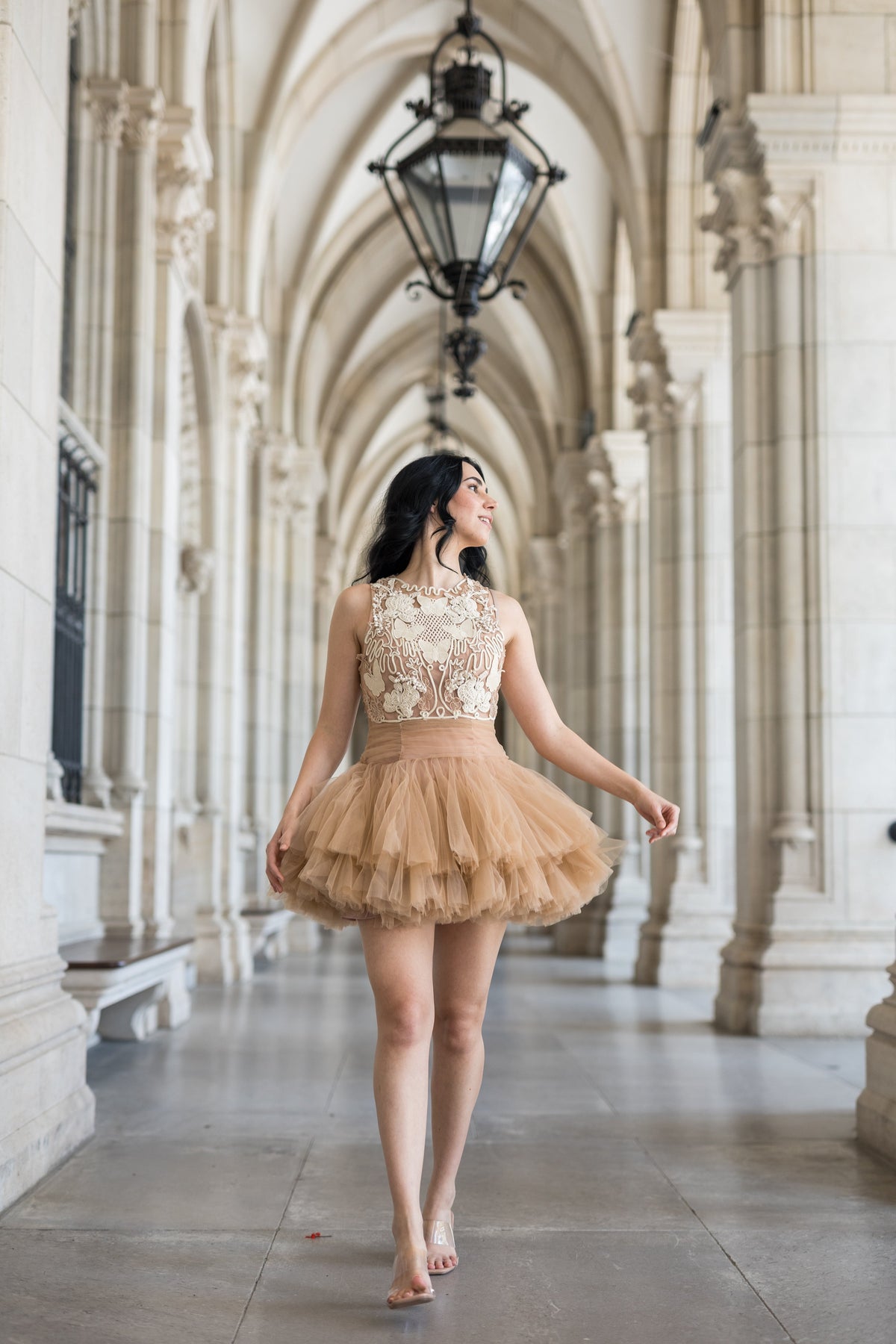 Ballerina |  Beige Tulle Mini Dress with 3D Applique Avalabel