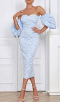 Jacquard PUFF SLEEVE MIDI DRESS IN SKY blue Avalabel