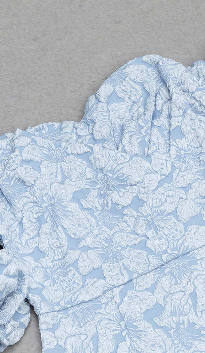 Jacquard PUFF SLEEVE MIDI DRESS IN SKY blue