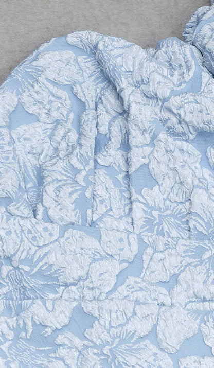 Jacquard PUFF SLEEVE MIDI DRESS IN SKY blue