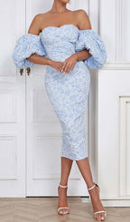 Jacquard PUFF SLEEVE MIDI DRESS IN SKY blue Avalabel