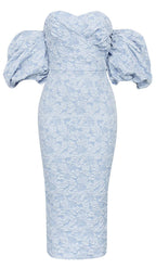Jacquard PUFF SLEEVE MIDI DRESS IN SKY blue Avalabel