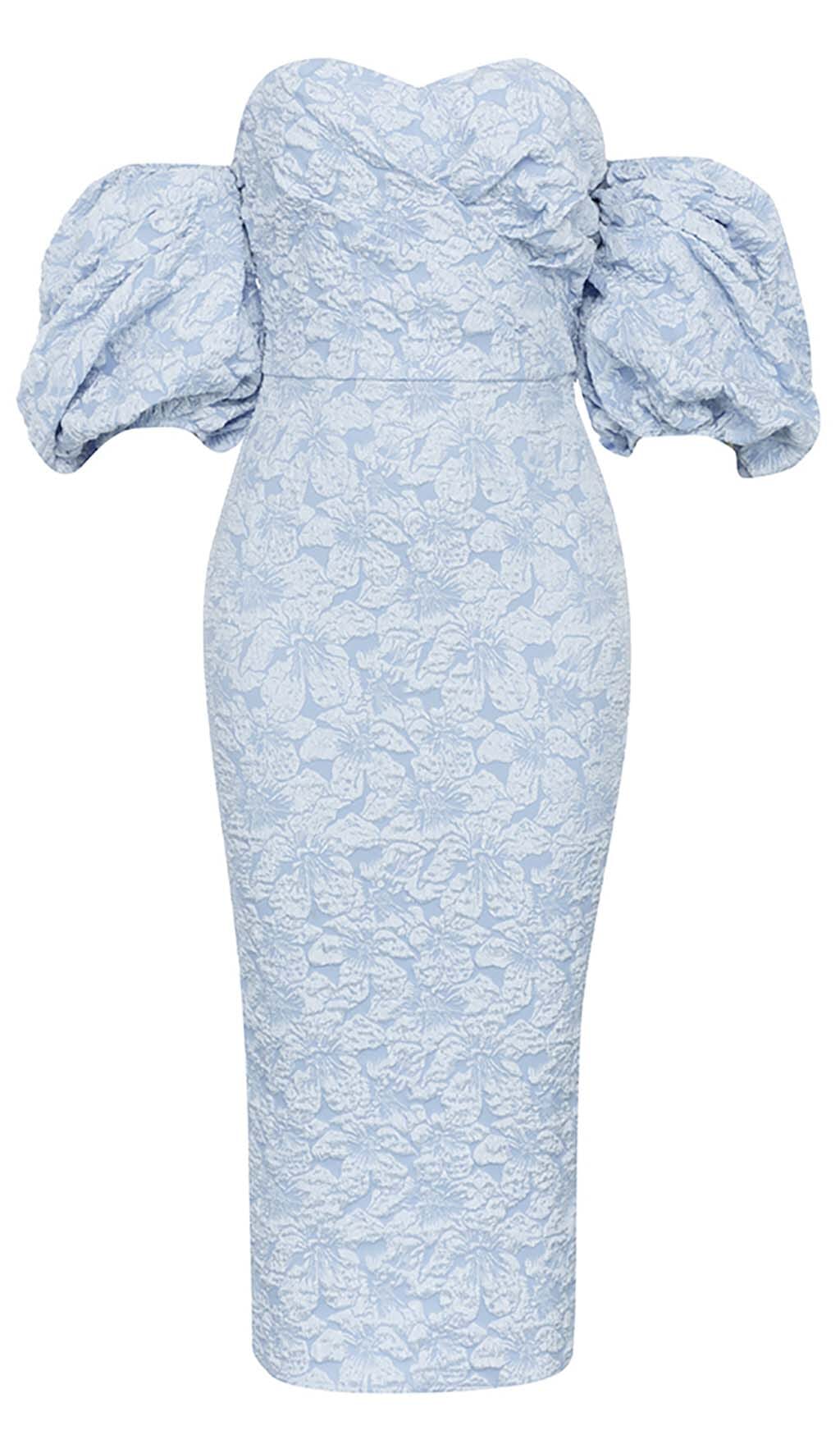 Jacquard PUFF SLEEVE MIDI DRESS IN SKY blue Avalabel