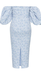 Jacquard PUFF SLEEVE MIDI DRESS IN SKY blue Avalabel