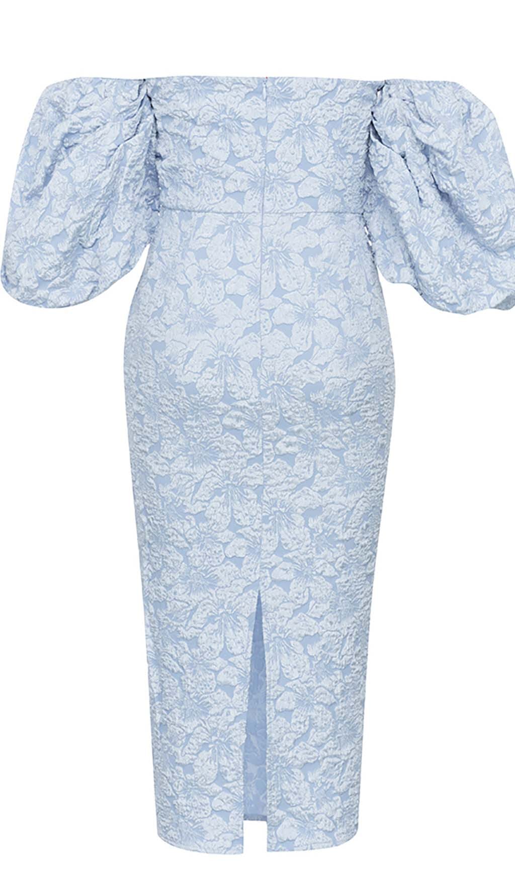 Jacquard PUFF SLEEVE MIDI DRESS IN SKY blue Avalabel