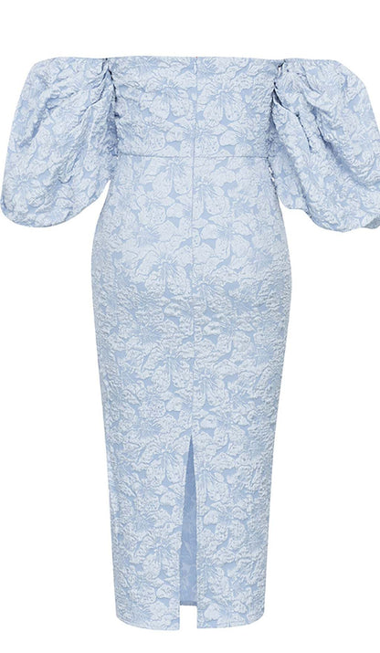 Jacquard PUFF SLEEVE MIDI DRESS IN SKY blue