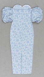 Jacquard PUFF SLEEVE MIDI DRESS IN SKY blue Avalabel