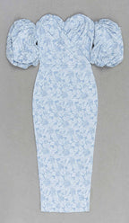 Jacquard PUFF SLEEVE MIDI DRESS IN SKY blue Avalabel