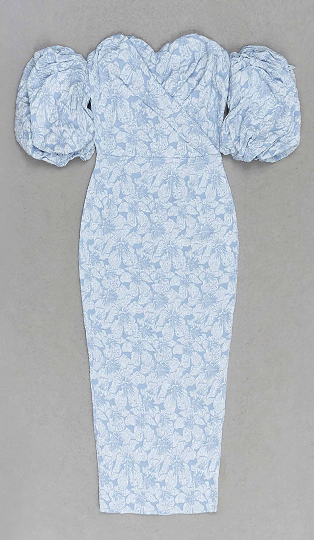 Jacquard PUFF SLEEVE MIDI DRESS IN SKY blue Avalabel