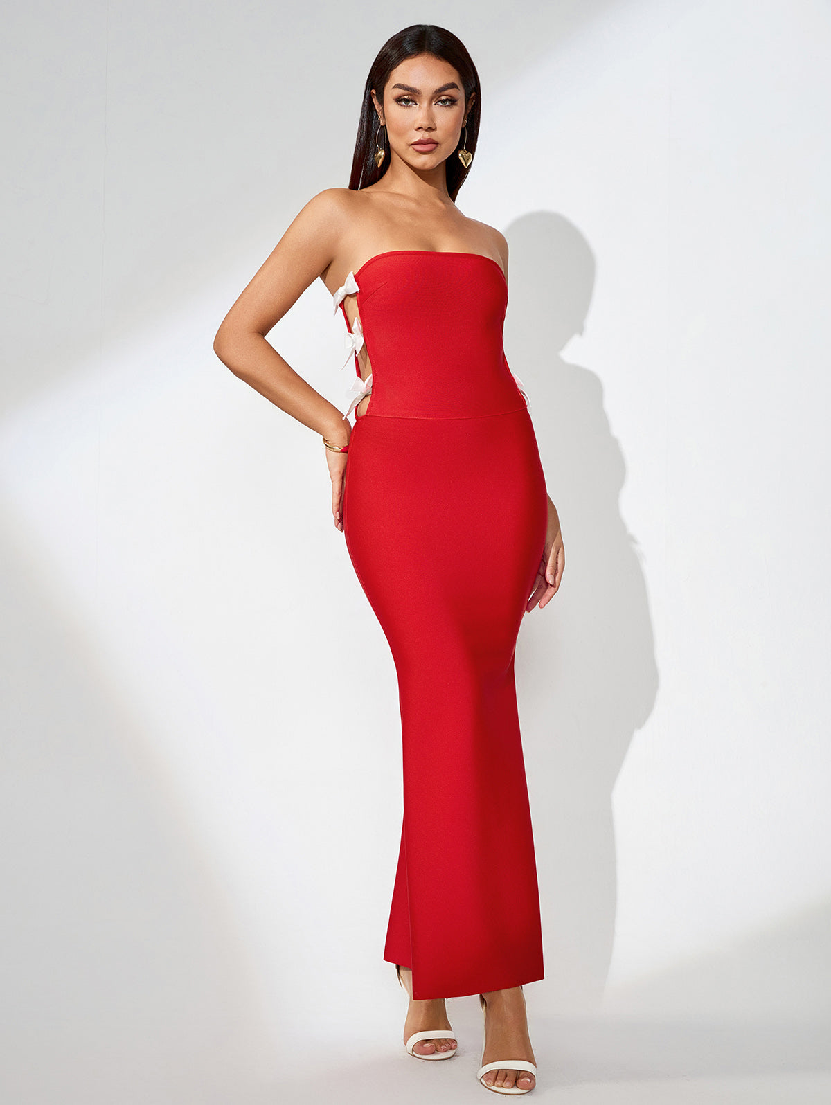 Jocelyn Bowknot-Side Bandage Strapless Maxi Dress in Red
