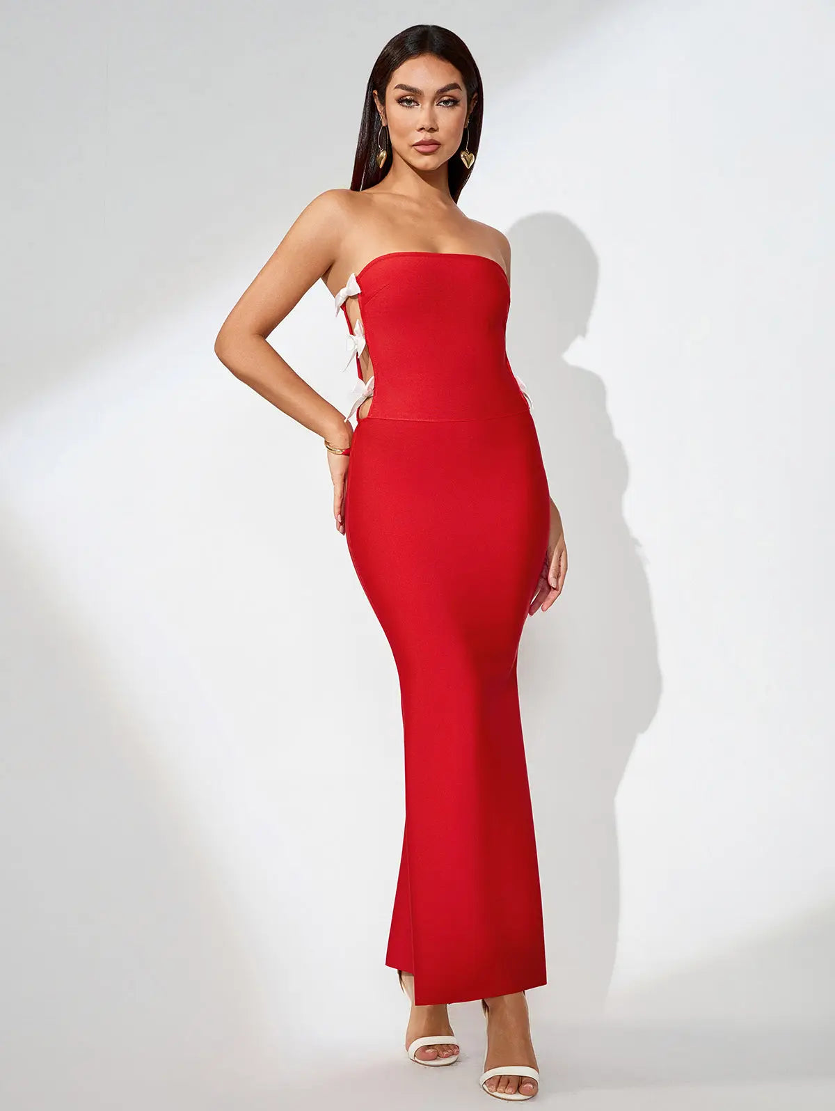 Jocelyn Bowknot-Side Bandage Strapless Maxi Dress in Red Avalabel