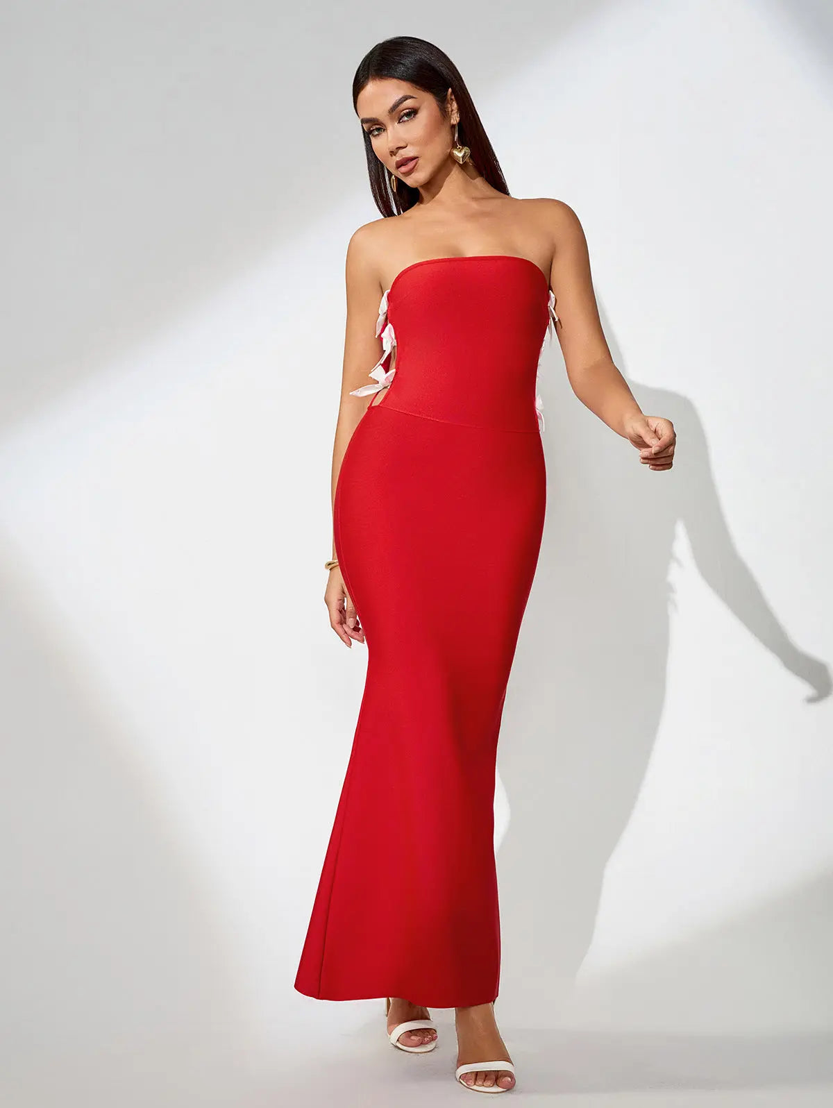 Jocelyn Bowknot-Side Bandage Strapless Maxi Dress in Red Avalabel