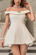 Metal Detail A-Line Off-Shoulder Mini Dress in White Soraya
