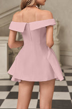 Metal Detail A-Line Off-Shoulder Mini Dress in Pink Soraya