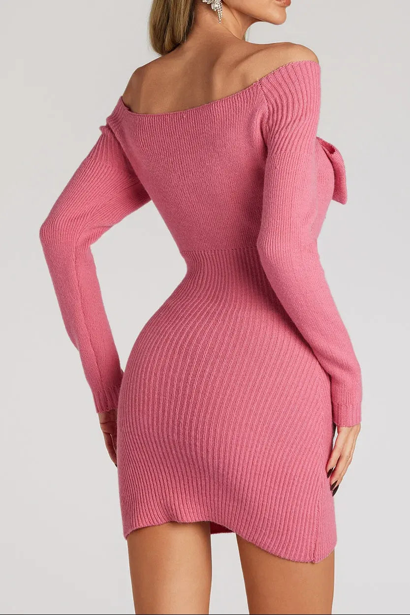 kay Off Shoulder Bow jersey Mini Dress in rose red Avalabel
