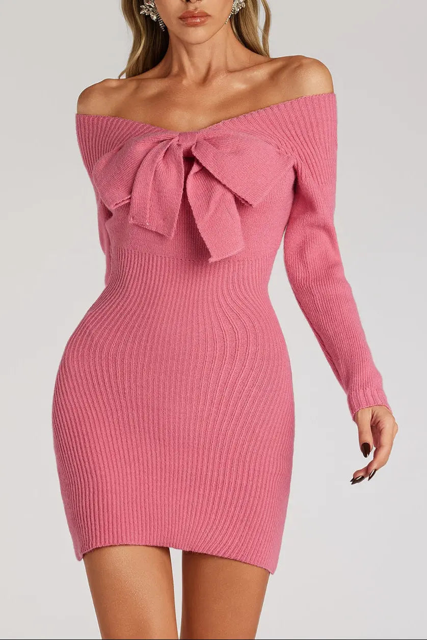 kay Off Shoulder Bow jersey Mini Dress in rose red Avalabel