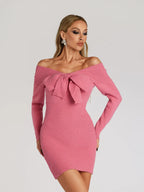 kay Off Shoulder Bow jersey Mini Dress in rose red Avalabel