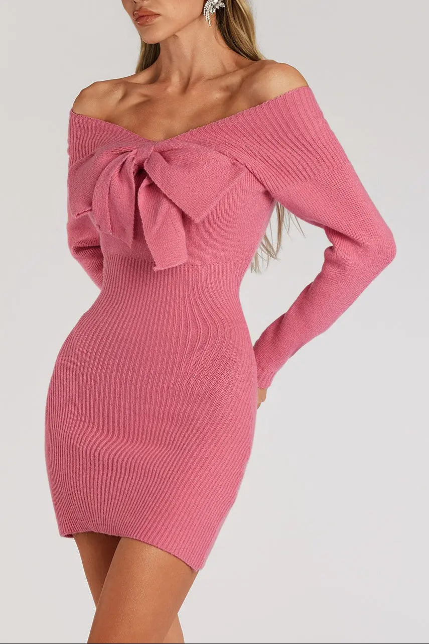 kay Off Shoulder Bow jersey Mini Dress in rose red Avalabel