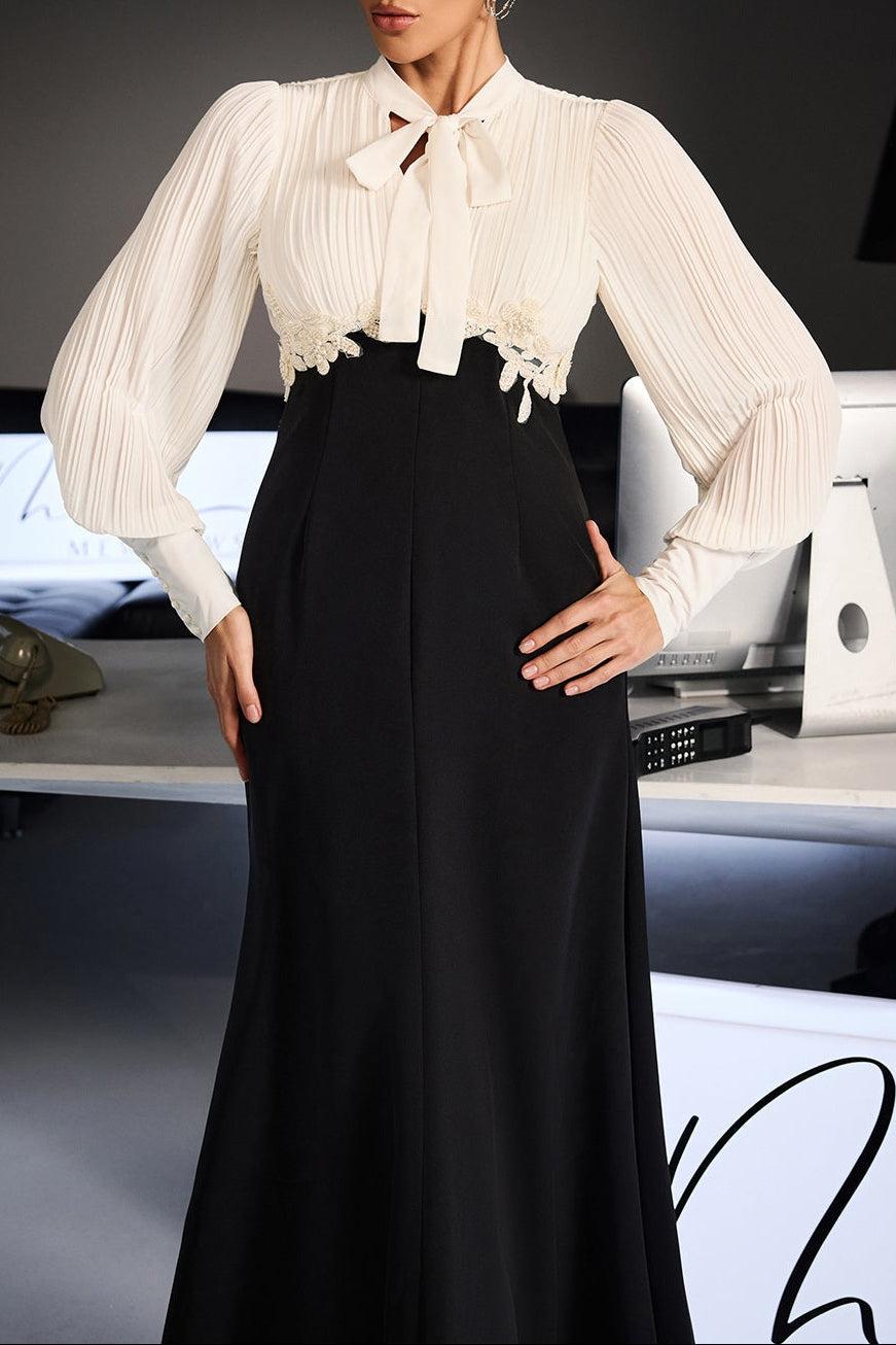 Carlin Balloon Sleeve Ruched Tie Up Midi Dress - White & Black Avalabel