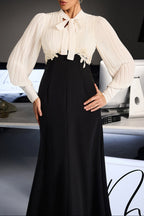 Carlin Balloon Sleeve Ruched Tie Up Midi Dress - White & Black Avalabel