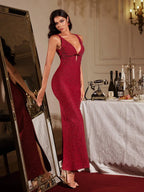 kelly Plunge Neck Pearl Maxi Dress in burgundy Avalabel
