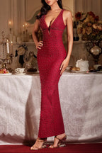 kelly Plunge Neck Pearl Maxi Dress in burgundy Avalabel