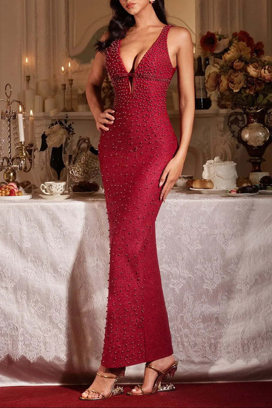 kelly Plunge Neck Pearl Maxi Dress in burgundy Avalabel