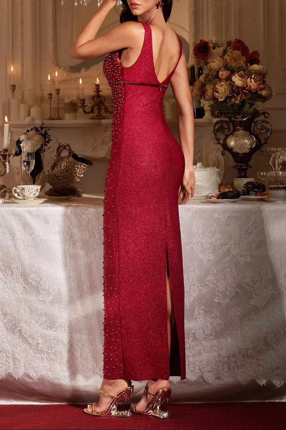 kelly Plunge Neck Pearl Maxi Dress in burgundy Avalabel