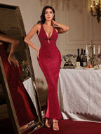 kelly Plunge Neck Pearl Maxi Dress in burgundy Avalabel