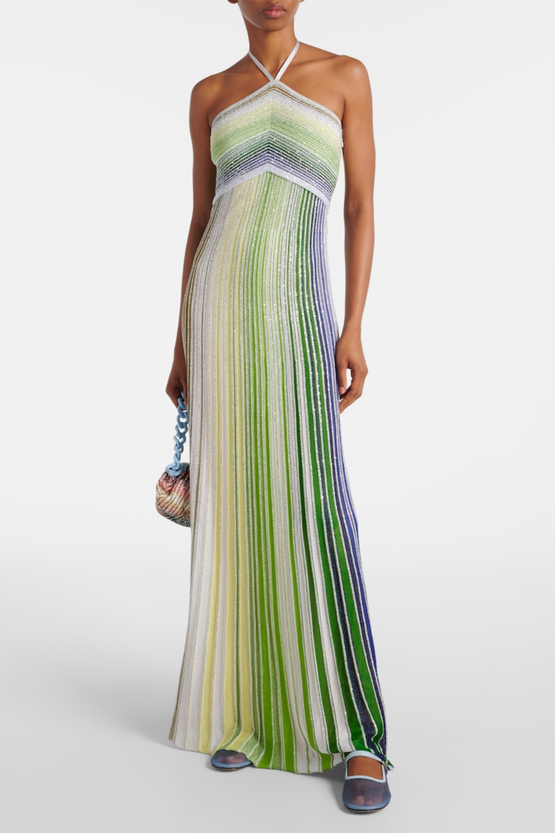 Halter Metallic Gradient Knit Maxi Dress - Green Avalabel