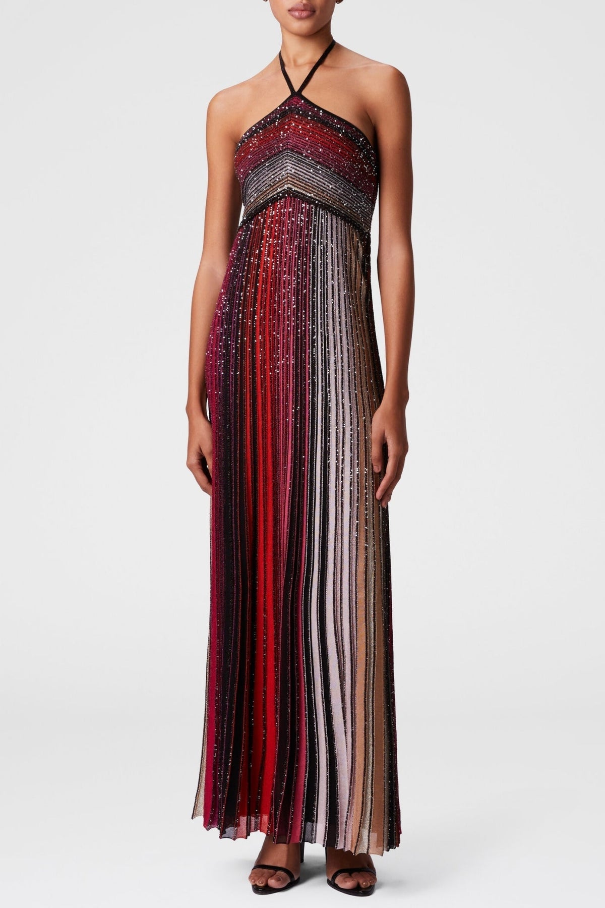 Halter Metallic Gradient Knit Maxi Dress - Red Avalabel