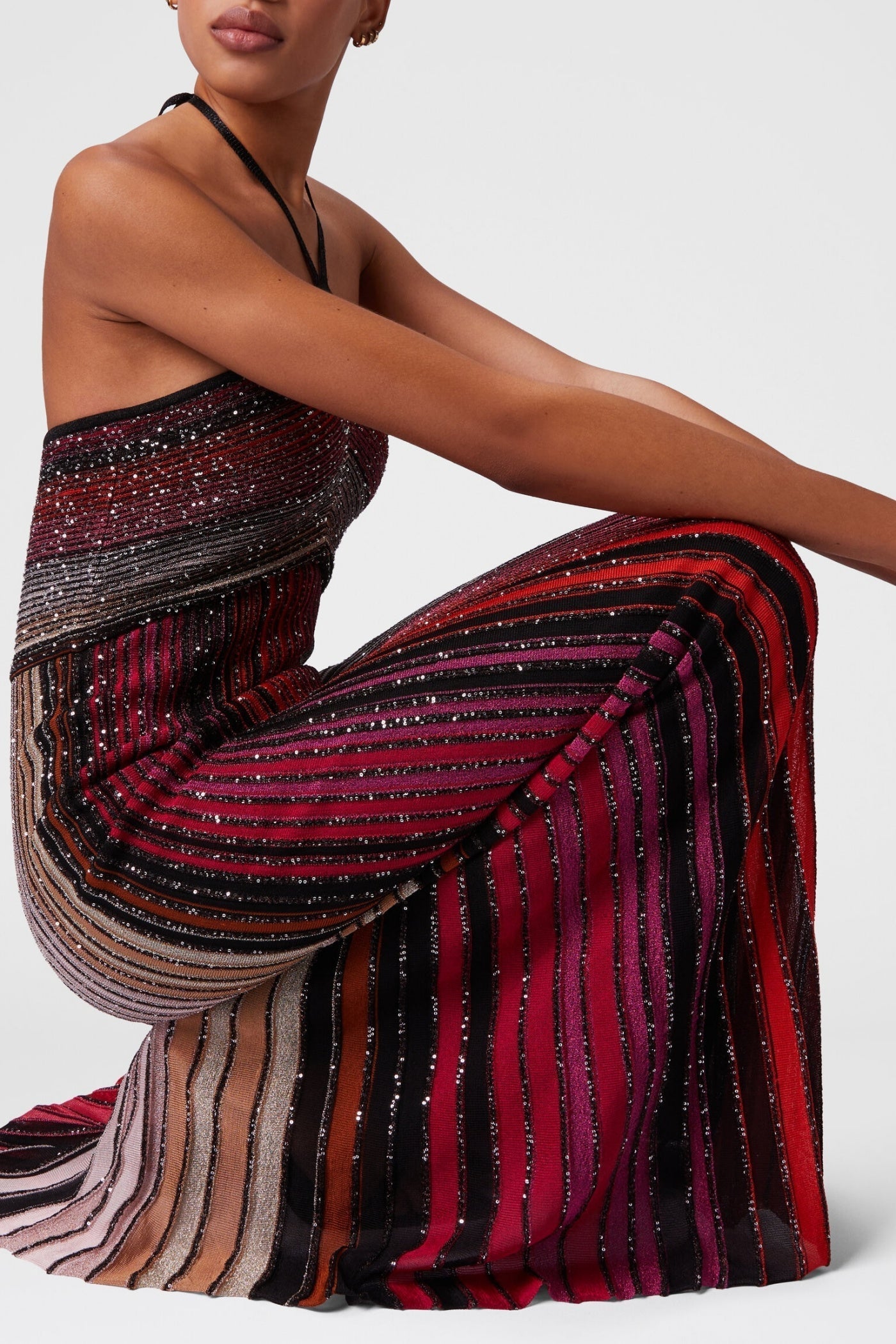 Halter Metallic Gradient Knit Maxi Dress - Red Avalabel