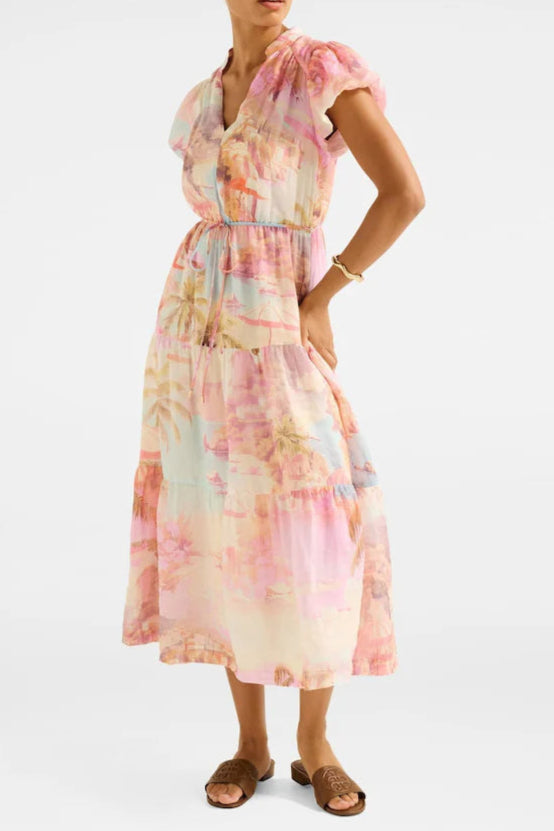 Puff Sleeves Tiered Midi Dress Avalabel