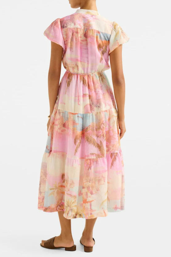 Puff Sleeves Tiered Midi Dress Avalabel