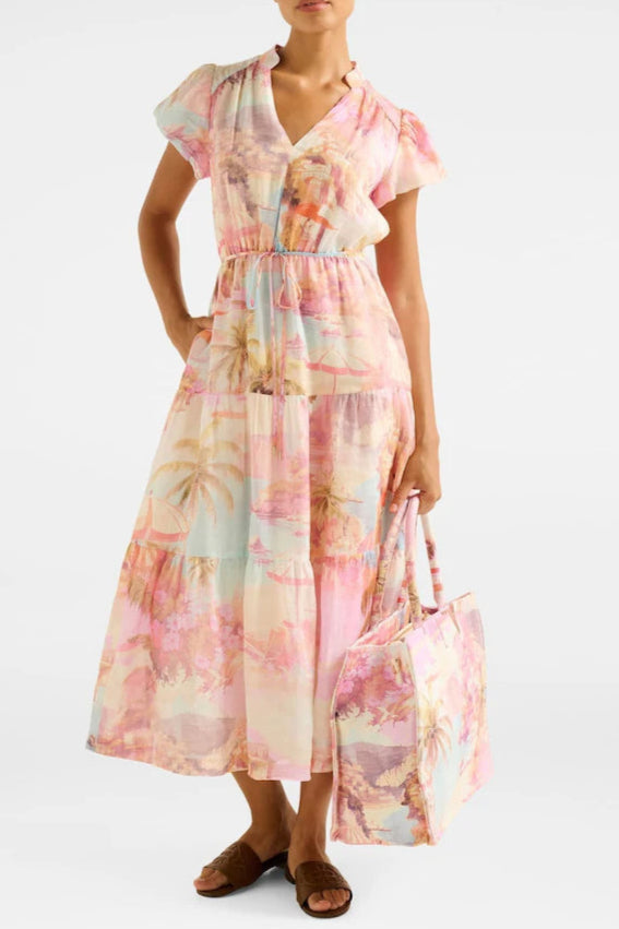 Puff Sleeves Tiered Midi Dress Avalabel